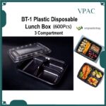 BT-1 /2/3/4 Compartment Lunch Box with Lid 50pcs / Kotak Nasi 3 Petak / Disposable Lunch Box / 3 Compartment Bento Box - BT-3 RedBlack