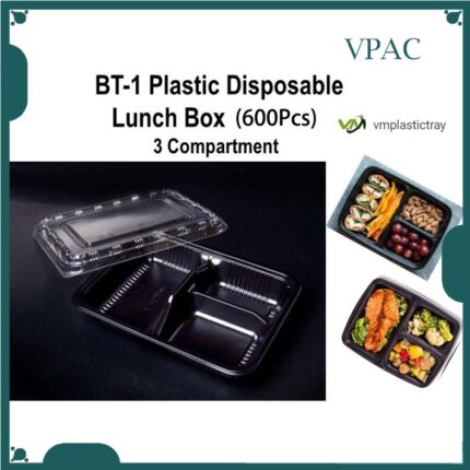 BT-1 /2/3/4 Compartment Lunch Box with Lid 50pcs / Kotak Nasi 3 Petak / Disposable Lunch Box / 3 Compartment Bento Box - BT-3 RedBlack