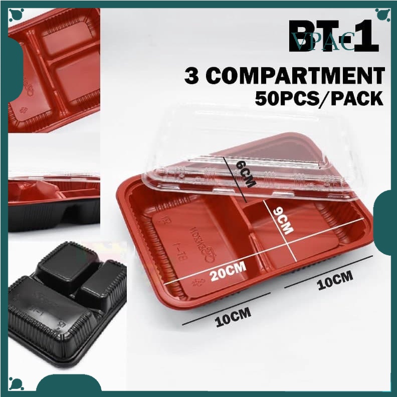 81c9a73f5b14ed5662a7904fc0412023 BT-1 /2/3/4 Compartment Lunch Box with Lid 50pcs / Kotak Nasi 3 Petak / Disposable Lunch Box / 3 Compartment Bento Box - BT-3 RedBlack - Image 9
