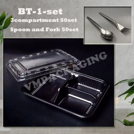 SET BT-1 /2/3/4 Compartment Lunch Box with Lid 50pcs/Kotak Nasi 3 Petak / Disposable Lunch Box / 3 Compartment Bento Box - BT-1 SET (3 PETAK)
